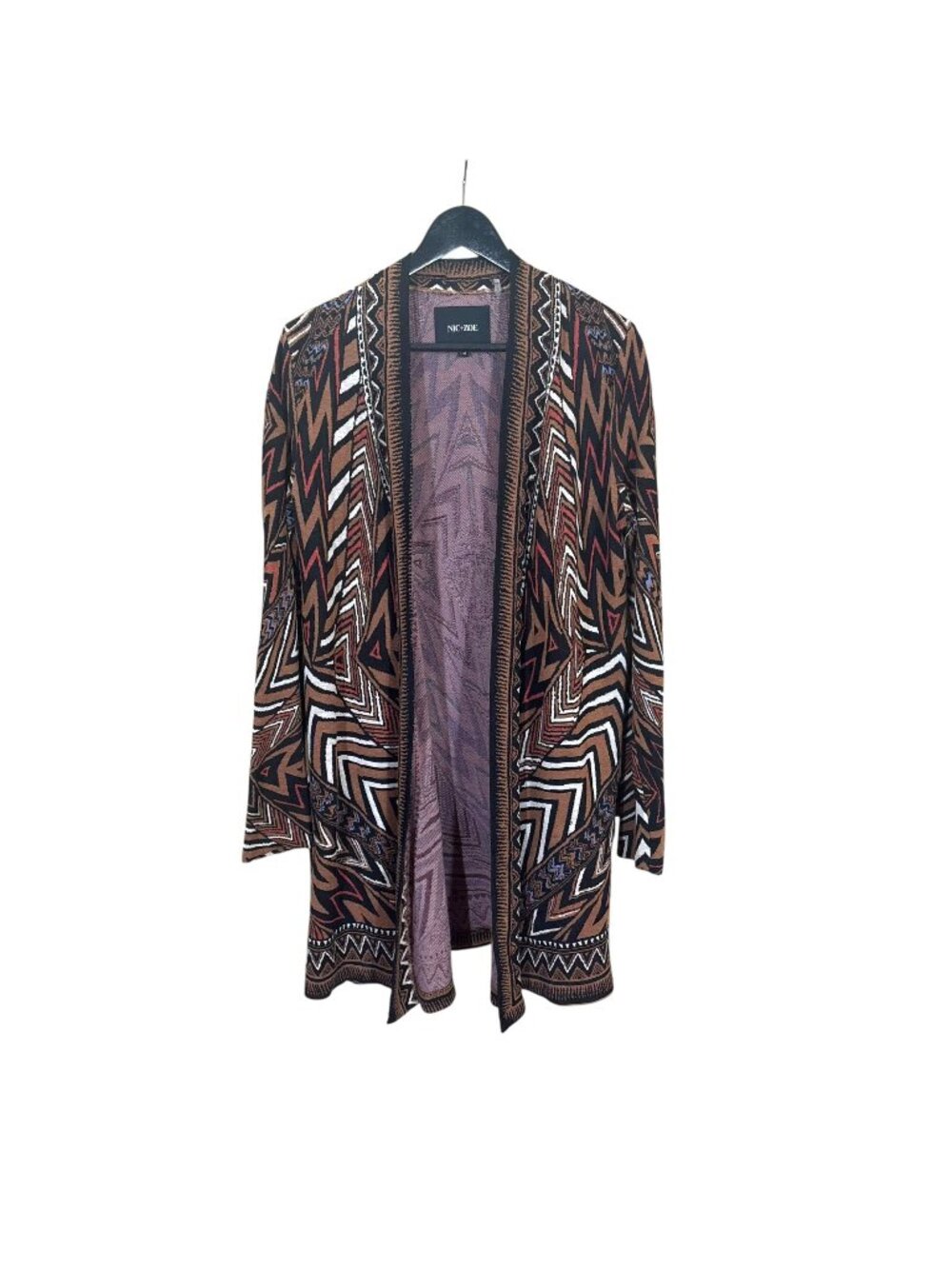 Nic + Zoe Black Brown Geometric Open Front Long Cardigan Medium